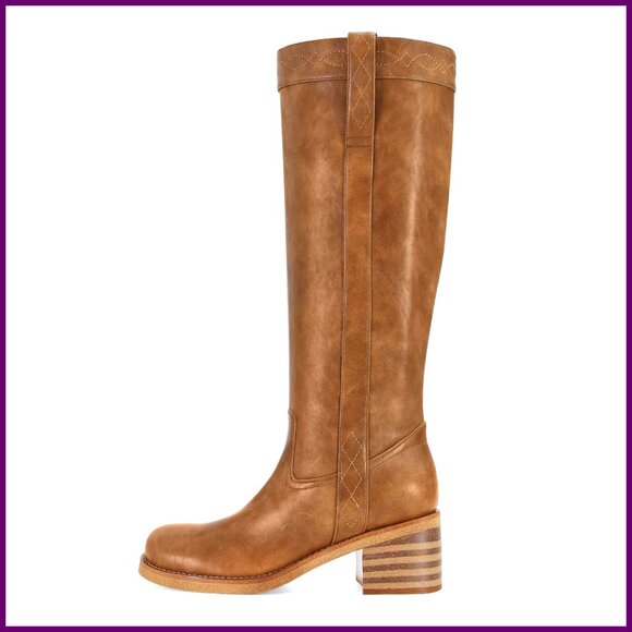 Knee High Leather Boots Chunky Heel Side Lace Wide Calf Riding Style